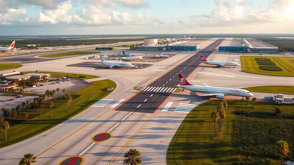 Aerial view of Orlando International Airport runway with palm trees surrounding, busy tarmac with multiple aircraft gates visible, Florida landscape