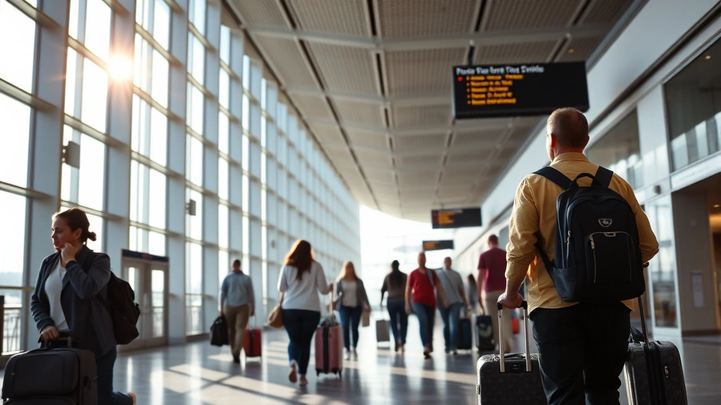 Travelers with luggage walking through modern airport terminal, natural light streaming through windows, diverse passengers moving through concourse area