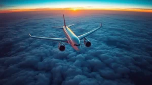 Modern Boeing 777 aircraft flying over Atlantic Ocean at sunset, wide-angle view from above clouds, golden light on wings, transatlantic route visualization