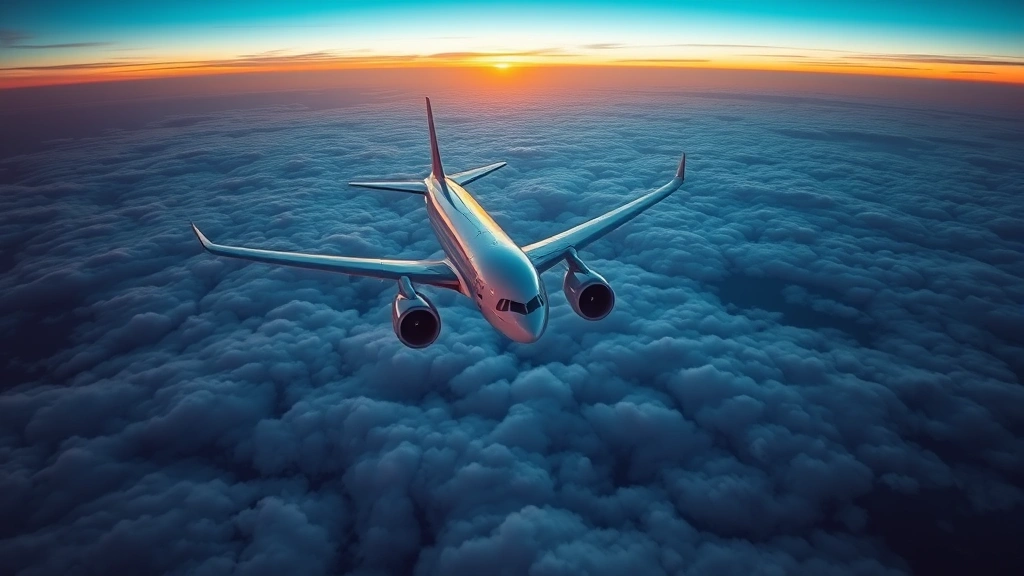 Modern Boeing 777 aircraft flying over Atlantic Ocean at sunset, wide-angle view from above clouds, golden light on wings, transatlantic route visualization