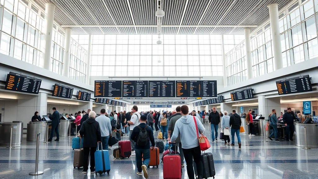 JFK Terminal interior with departure boards, travelers with luggage at check-in counters, modern airport architecture with natural lighting, bustling atmosphere