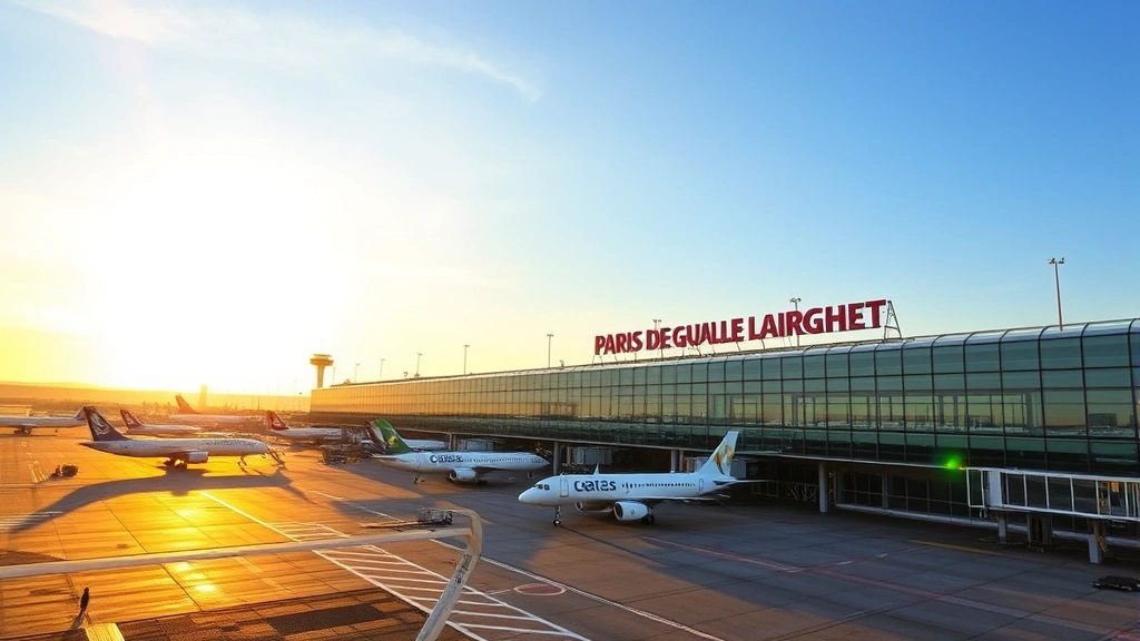 Paris Charles de Gaulle Airport exterior with modern architecture, planes at gates, sunrise over airport, terminal building with glass and steel design