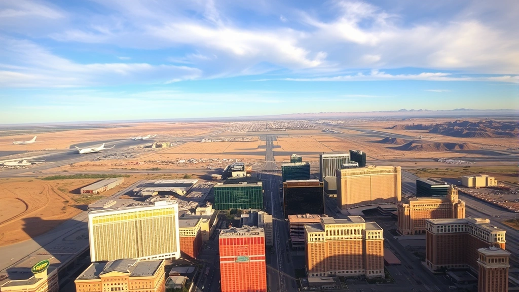 Aerial view of Las Vegas Strip with desert landscape and airport runways visible in distance, morning light, realistic photography, travel perspective