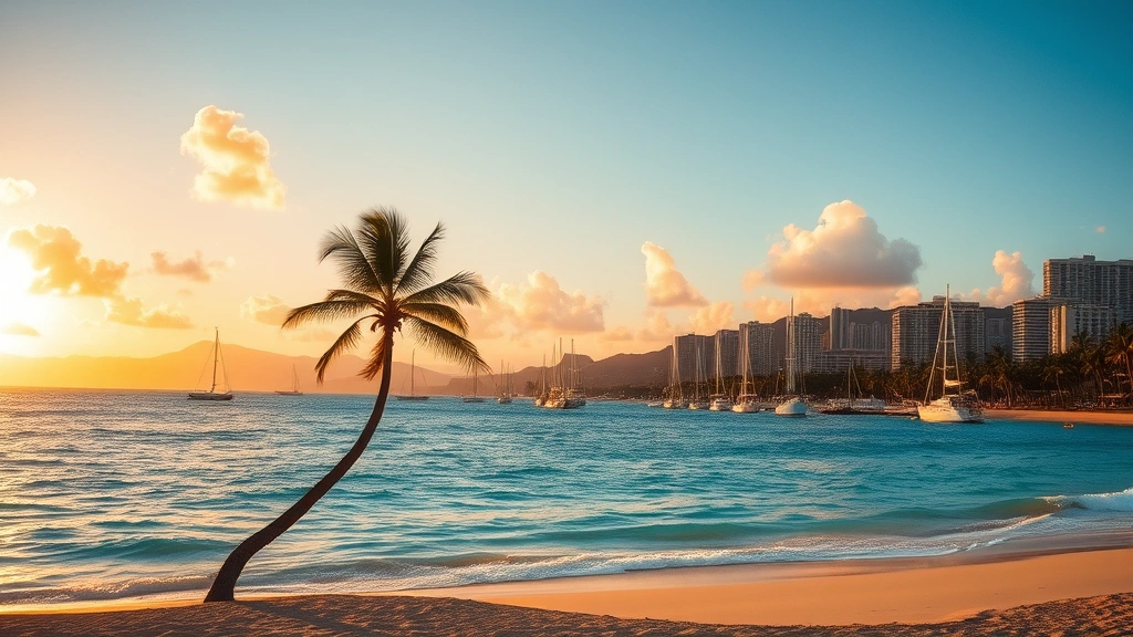 Hawaiian tropical beach with turquoise water, palm trees, and sailboats in Honolulu harbor, golden hour sunset lighting, authentic vacation scenery