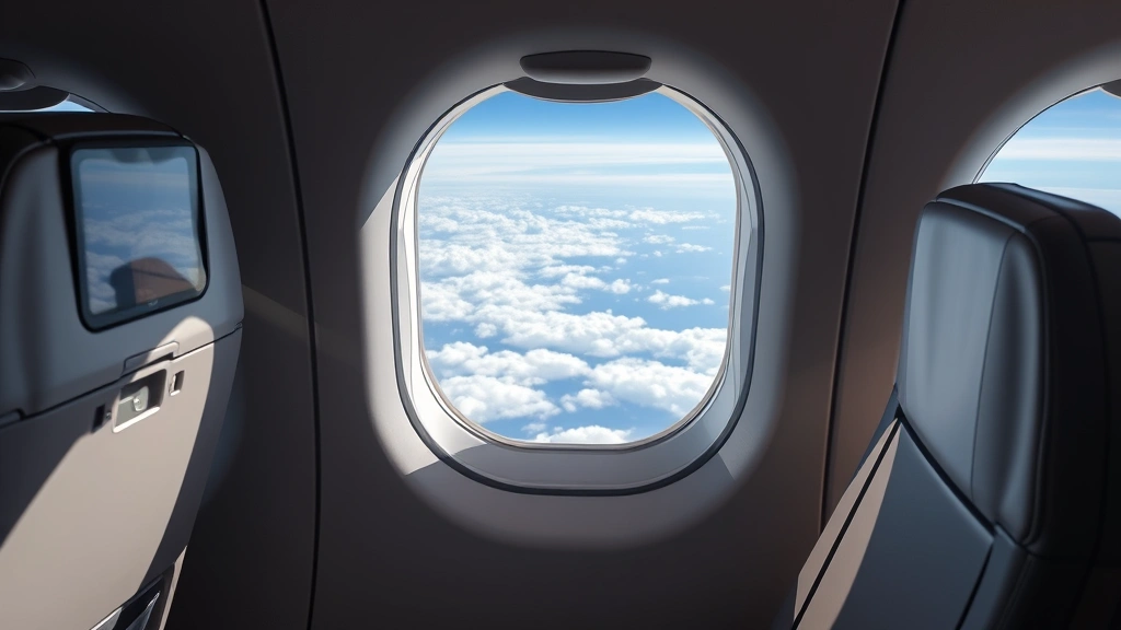 Modern aircraft cabin interior during cruise over Pacific Ocean, window seat view showing clouds and ocean below, realistic travel experience, daytime lighting