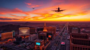 Aerial view of Las Vegas Strip at sunset with desert landscape, commercial aircraft flying overhead heading toward Phoenix in distance, vibrant city lights below