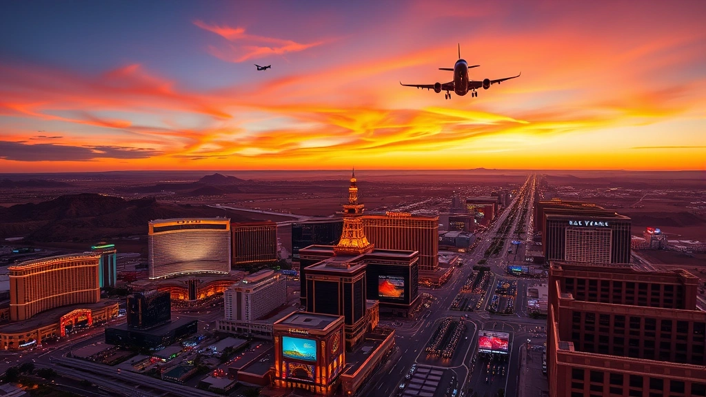 Aerial view of Las Vegas Strip at sunset with desert landscape, commercial aircraft flying overhead heading toward Phoenix in distance, vibrant city lights below