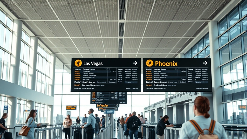 Interior of modern airport terminal with passengers checking in at ticket counters, digital flight boards displaying Las Vegas and Phoenix routes, natural lighting from large windows