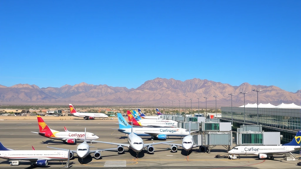 Phoenix Sky Harbor International Airport exterior with multiple aircraft parked at gates, desert mountains visible in background, blue Arizona sky, modern terminal architecture