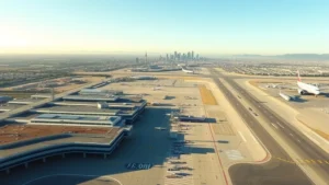 Aerial view of LAX airport with modern terminals, runway, and Los Angeles landscape in background, sunny California weather