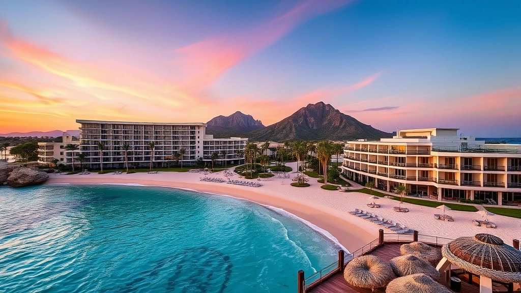Tropical Cabo San Lucas beach resort with turquoise ocean, white sand, palm trees, and modern resort architecture at sunset