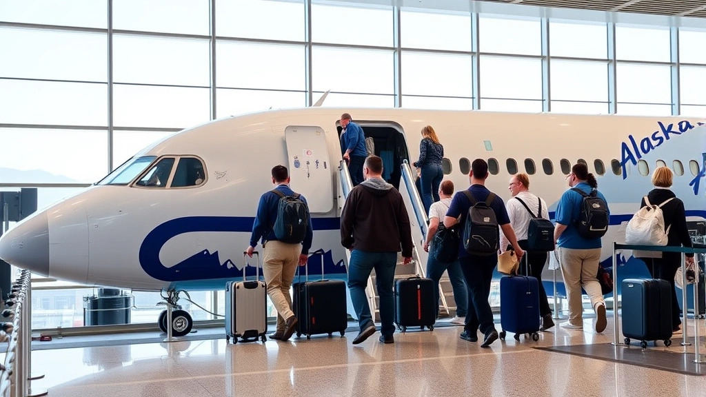 Passengers boarding Alaska Airlines aircraft at LAX gate, modern airport interior, blue airline branding visible