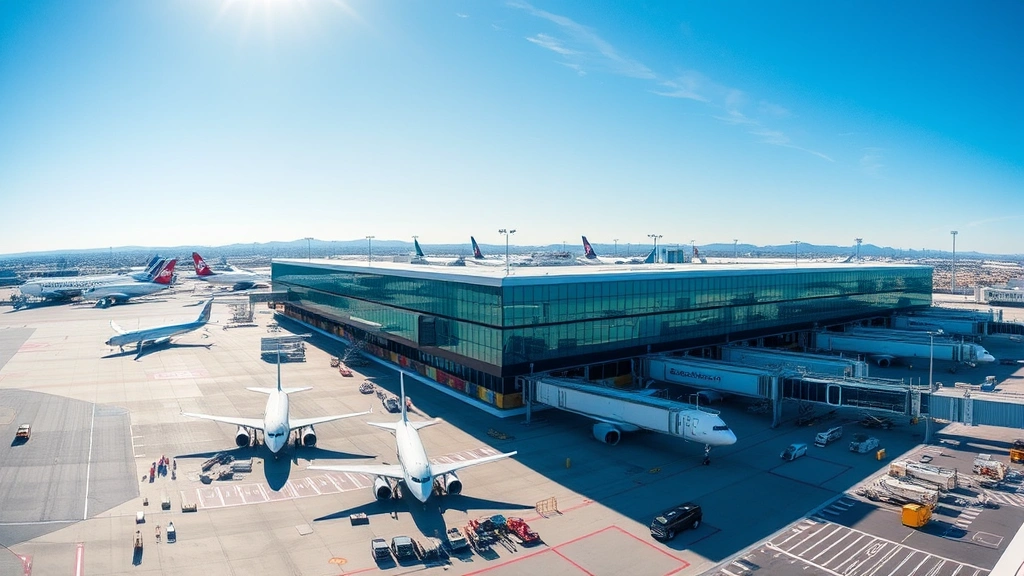 Overhead view of Los Angeles International Airport terminal with multiple aircraft parked at gates, clear blue sky, busy tarmac with ground vehicles and equipment