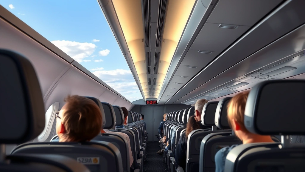 Modern airplane cabin interior with passengers seated during flight, natural sunlight through windows showing clouds below, comfortable seating rows with overhead bins