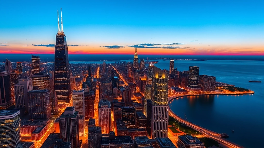 Chicago skyline at dusk featuring Willis Tower and Lake Michigan waterfront, downtown cityscape with illuminated buildings, urban landscape from aerial perspective