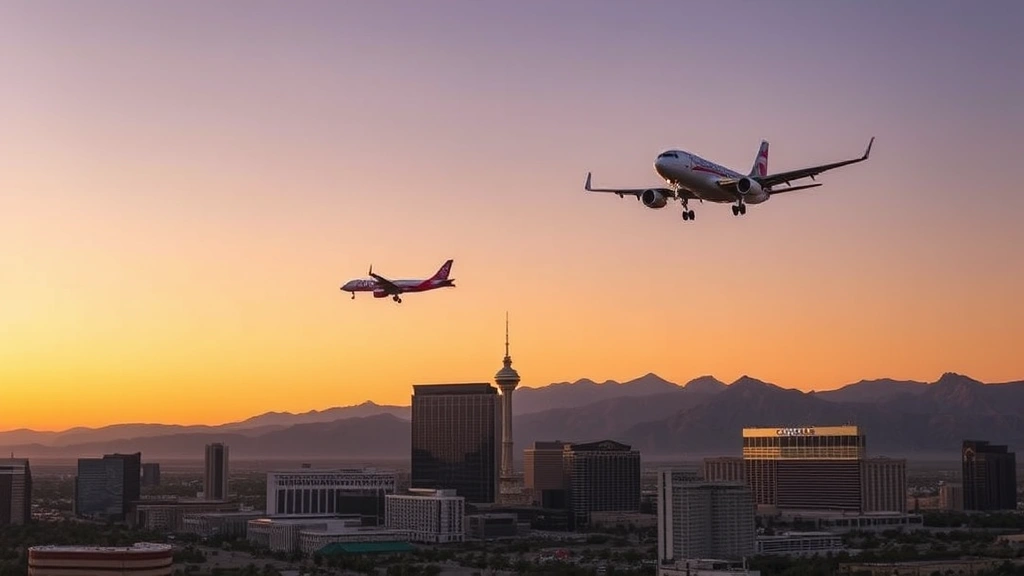 Las Vegas Strip skyline with planes approaching in formation, sunset lighting, desert landscape visible, commercial aircraft on approach
