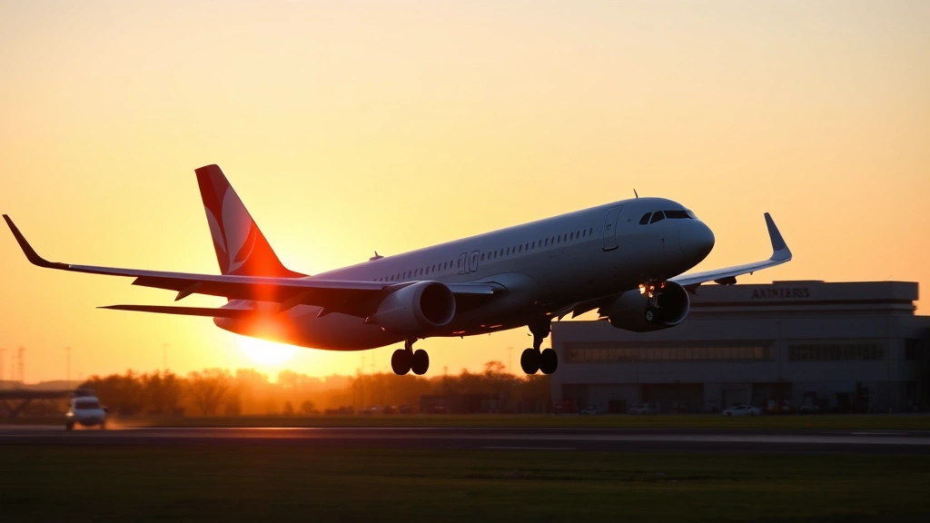 Modern commercial aircraft taking off at sunrise from Memphis International Airport with morning light reflecting off the fuselage, clear sky, professional aviation photography