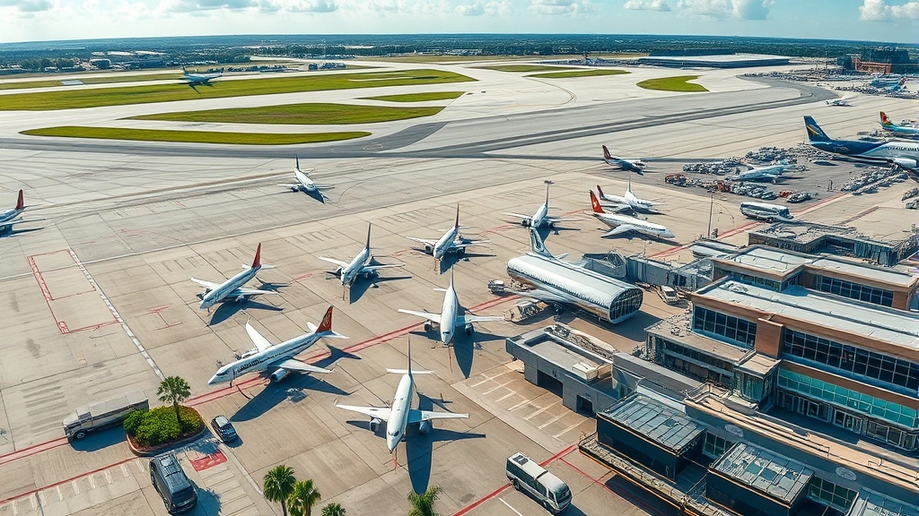Overhead view of Orlando International Airport terminal with multiple aircraft parked at gates, runway visible in distance, bright Florida daylight, aerial perspective