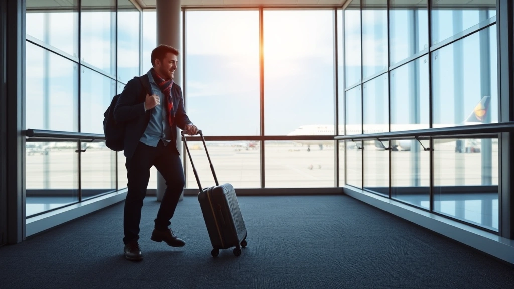 Traveler with rolling luggage walking through modern airport terminal corridor with large windows showing aircraft outside, natural light, contemporary airport architecture