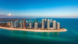 Aerial view of Miami skyline with ocean and modern buildings at sunrise, bright blue sky and turquoise water, vibrant travel destination photography