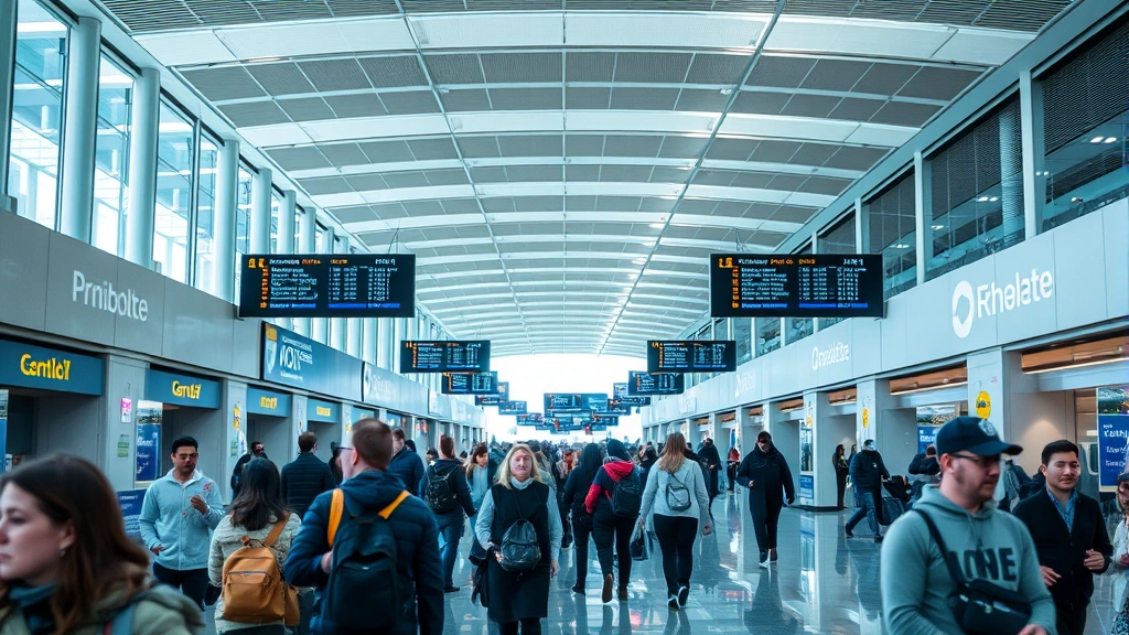 Busy airport terminal interior with passengers walking through corridor, modern architecture, departure boards visible, bustling travel atmosphere