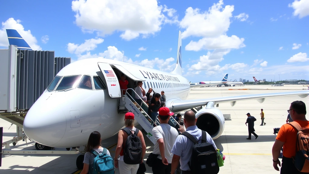 Passengers boarding a commercial aircraft at Miami International Airport gate, sunny day with clear skies, ground crew visible, no signage text visible