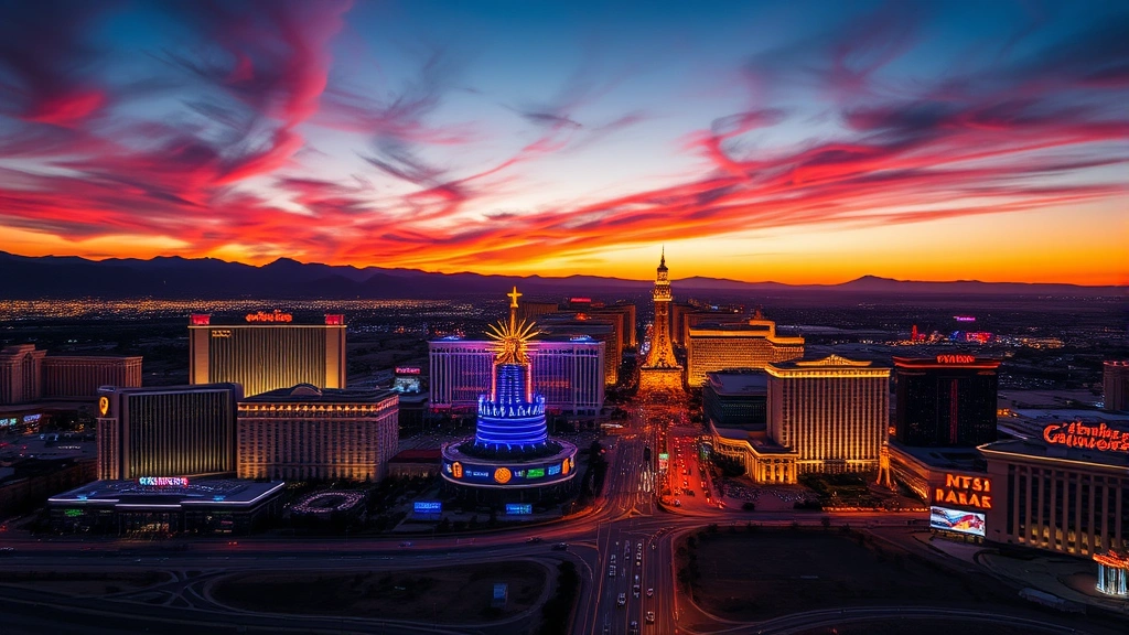 Aerial view of Las Vegas strip at sunset with bright neon lights reflecting off modern casino buildings and desert landscape