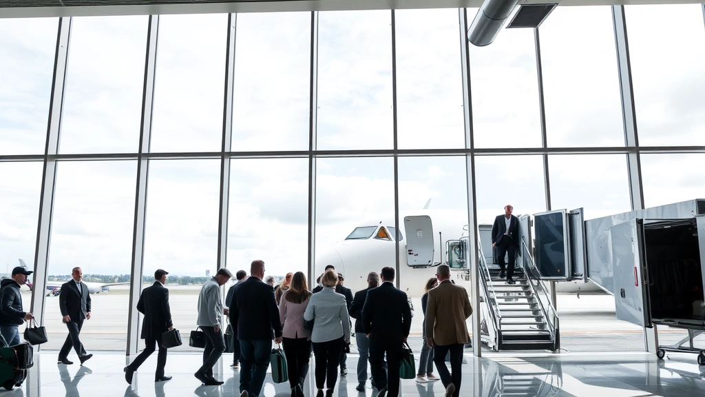 Modern airport gate area with passengers boarding commercial aircraft, flight attendants visible in doorway, jet bridge connected to plane