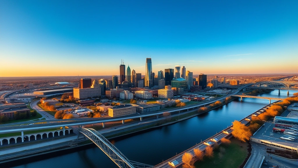 Aerial view of Nashville skyline with Cumberland River at sunrise, professional photography, clear blue sky, urban landscape perspective