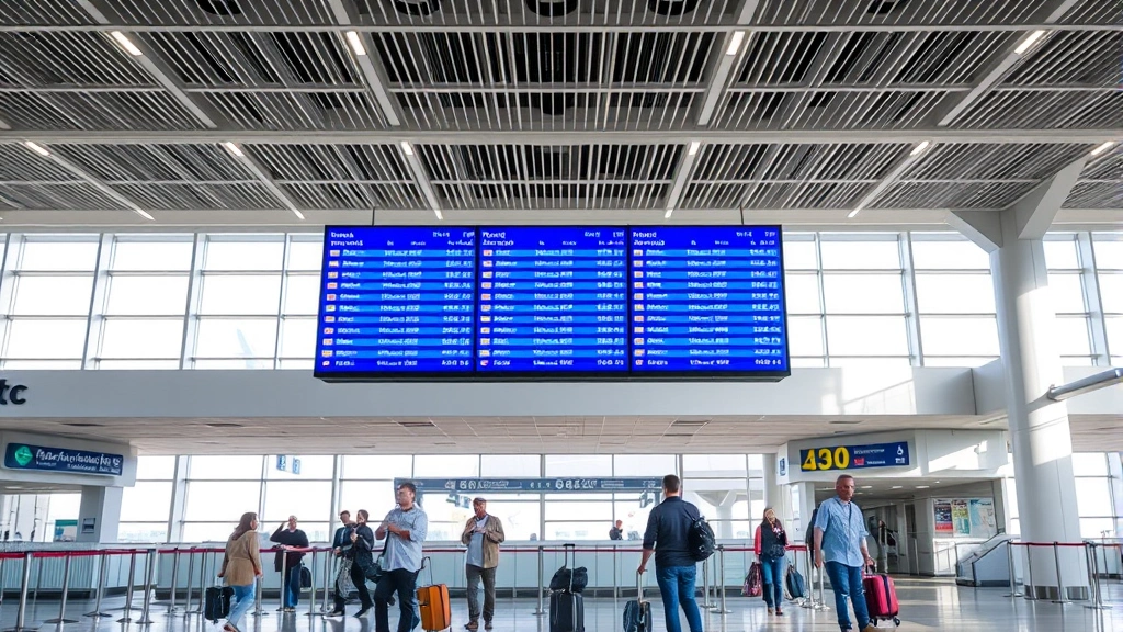 Modern airport terminal interior showing departures board with flight information, travelers with luggage, contemporary architecture with natural lighting