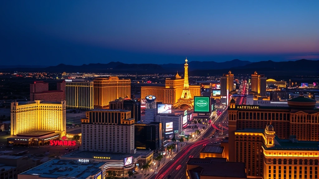 Las Vegas Strip at dusk with illuminated casinos and hotels, city lights reflecting, desert landscape background, vibrant evening atmosphere