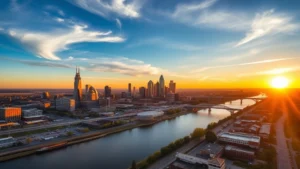 Aerial sunset view of Nashville skyline with Cumberland River and downtown buildings, golden hour lighting, professional travel photography