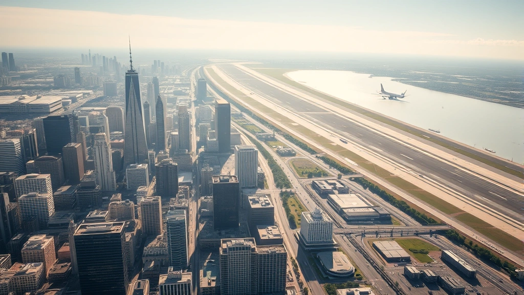 Aerial view of New Orleans skyline with Mississippi River and airport runway visible in distance, bright morning light, professional travel photography