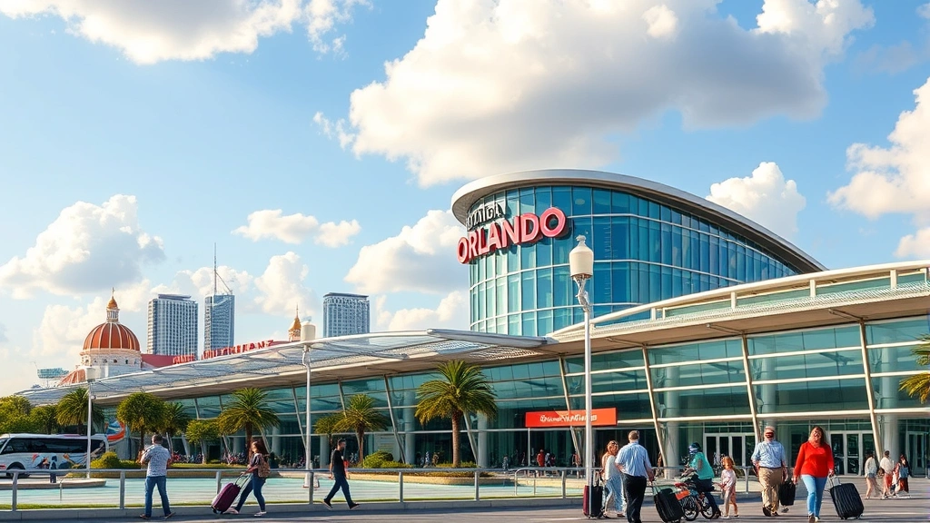 Orlando theme park skyline with modern airport terminal building in foreground, families with luggage, sunny Florida afternoon, vibrant colors
