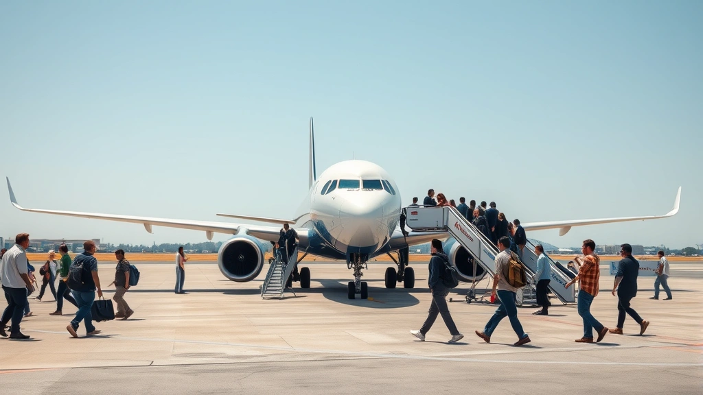 Passengers boarding commercial aircraft on tarmac, ground crew preparing plane, clear sky, professional aviation photography, no visible text or signage