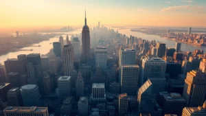 Aerial view of Manhattan skyline with Hudson River, NYC skyscrapers gleaming in morning sunlight, professional travel photography style