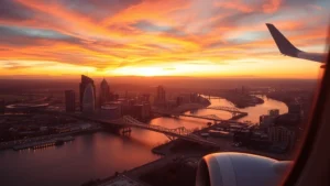 Aerial view of Pittsburgh skyline with rivers and bridges from airplane window during golden hour sunset, vibrant city lights reflecting on water, modern skyscrapers visible