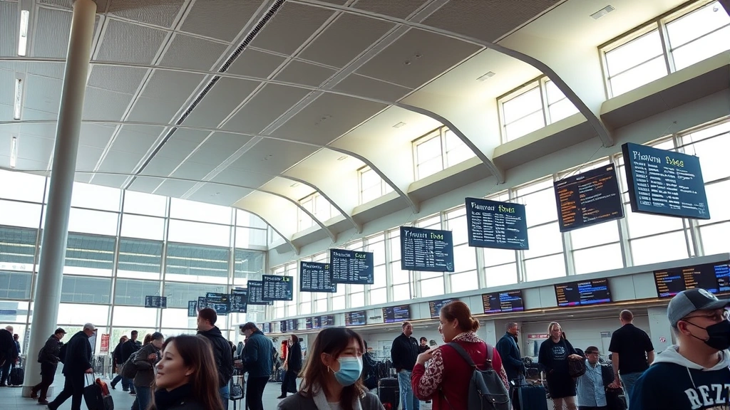 LaGuardia or Newark airport terminal interior with travelers checking luggage, flight information displays, modern airport architecture with natural lighting from windows