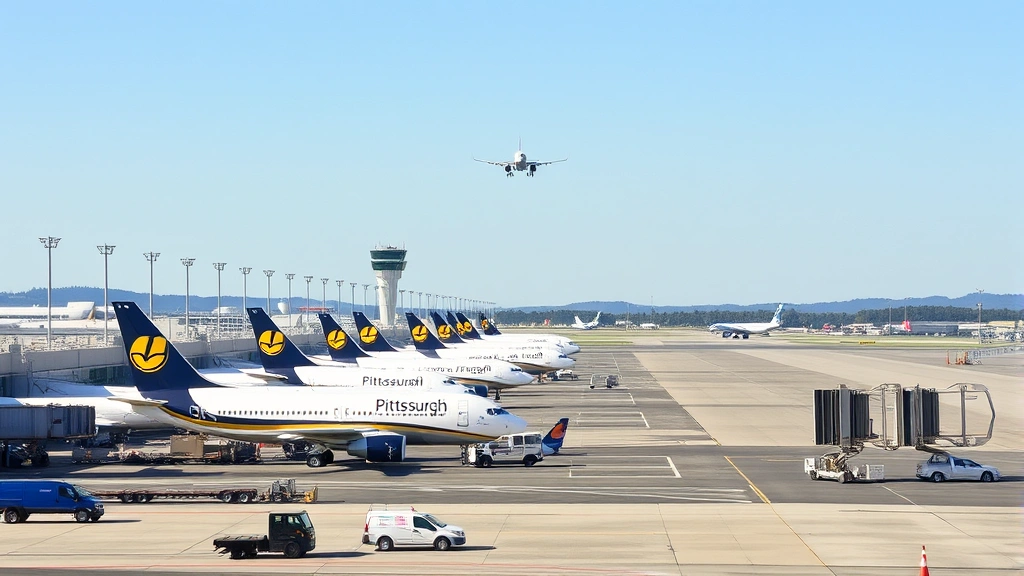 Pittsburgh International Airport tarmac with commercial aircraft lined up at gates, ground support vehicles moving around, clear sky with aircraft approaching for landing