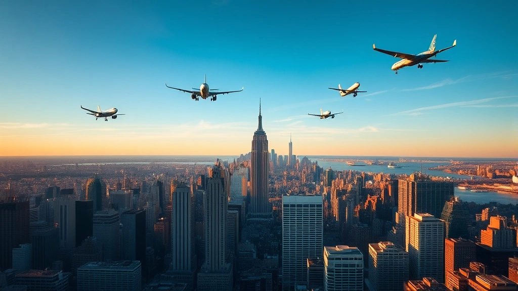 Aerial view of New York City skyline with multiple commercial airplanes in flight paths above Manhattan, golden hour lighting, modern cityscape visible below