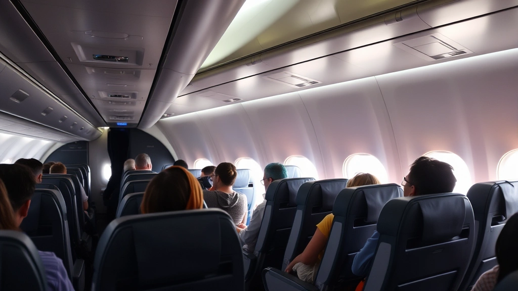 Interior cabin of commercial aircraft during flight with passengers in seats, window views of clouds and sky, bright natural daylight from windows, modern airline seating