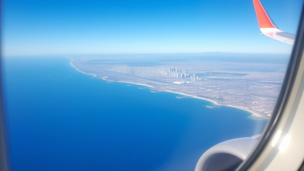San Diego coastline and downtown skyline viewed from commercial aircraft window at cruising altitude, Pacific Ocean below, clear blue sky, natural daylight photography