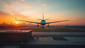 Modern aircraft approaching Newark Liberty International Airport terminal at sunrise with city skyline visible