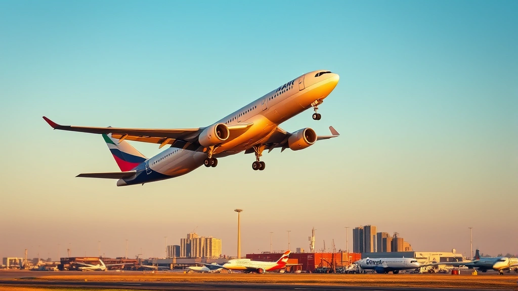 Modern commercial aircraft taking off from Newark airport at sunrise with New Jersey industrial landscape in background, clear blue sky, dynamic angle