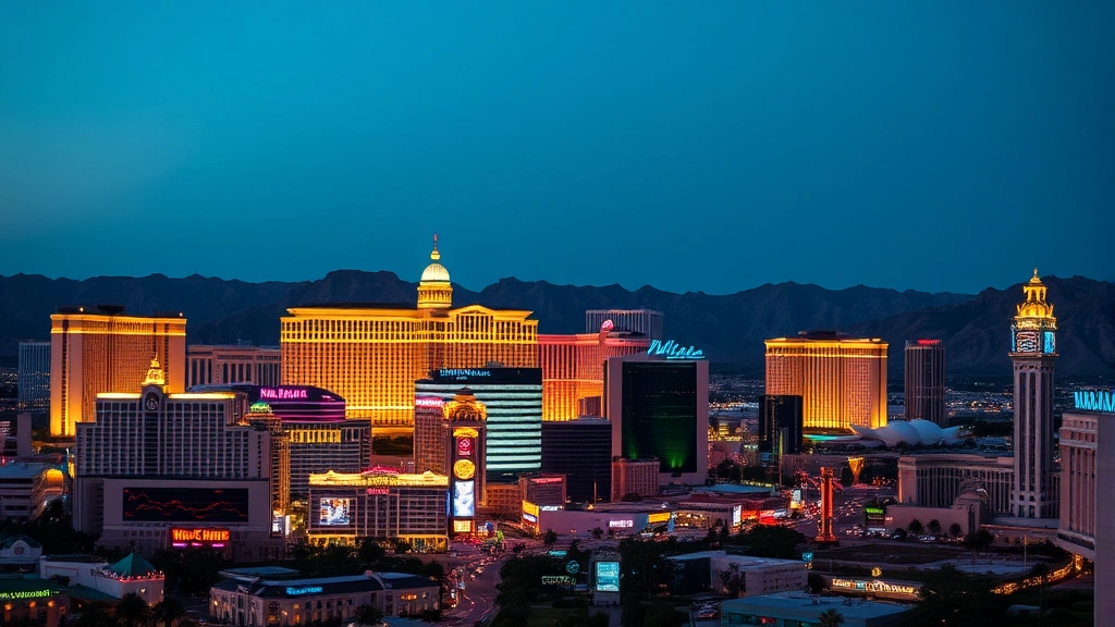 Las Vegas Strip skyline at dusk with colorful neon lights, iconic resort buildings, desert mountains, vibrant evening atmosphere, traveler's perspective