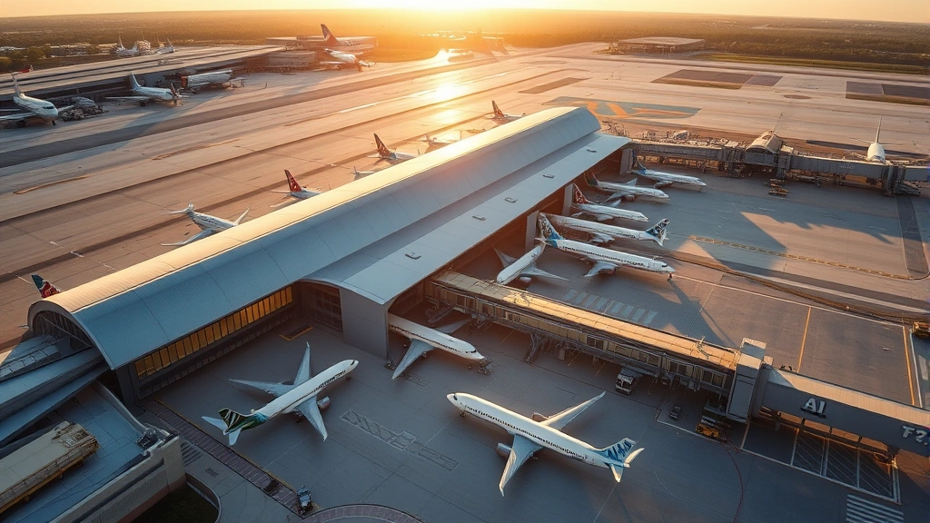 Aerial view of Orlando International Airport terminal with commercial aircraft parked at gates, vibrant morning light, modern architecture
