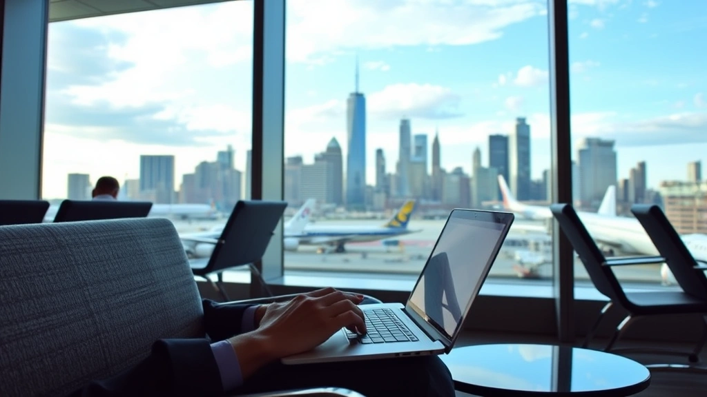 Business traveler checking flight prices on laptop at airport gate lounge with NYC skyline visible through windows