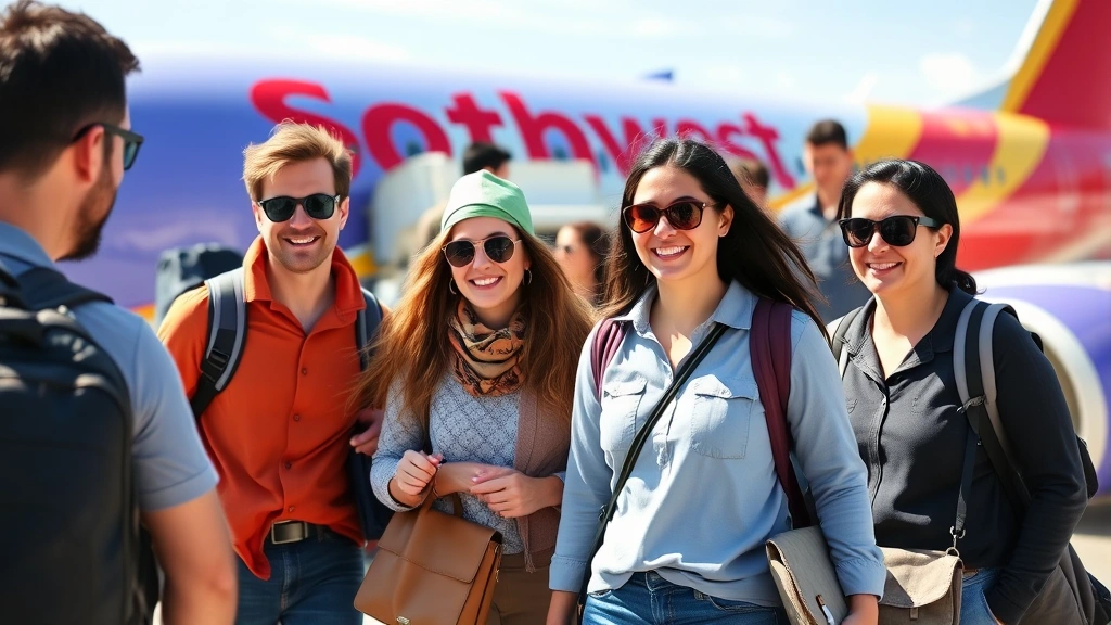 Diverse group of passengers boarding Southwest Airlines aircraft at gate, smiling, casual travel wear, natural daylight