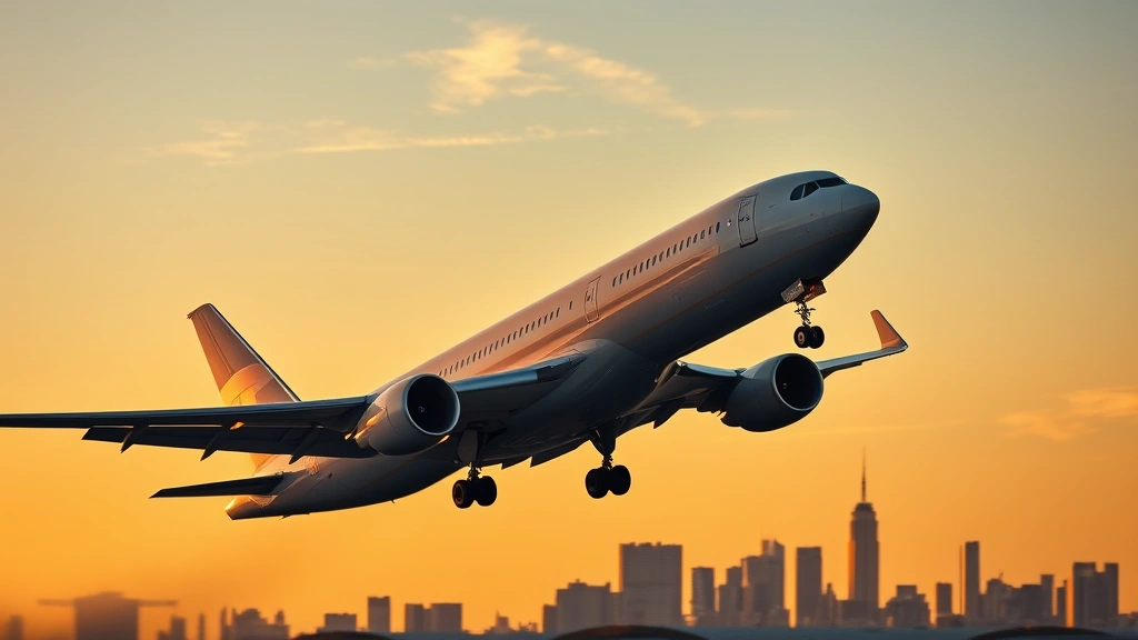 Modern widebody aircraft taking off from New York airport during sunrise with Manhattan skyline in background, golden hour lighting, detailed aircraft fuselage