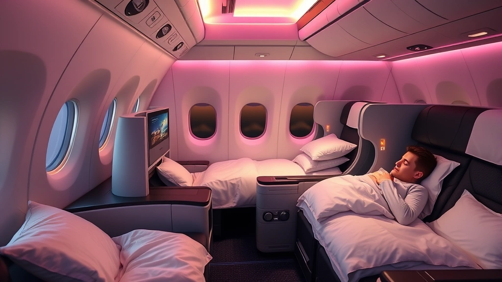 Spacious business class cabin interior with lie-flat seats, ambient lighting, passenger sleeping comfortably with premium bedding on transatlantic flight